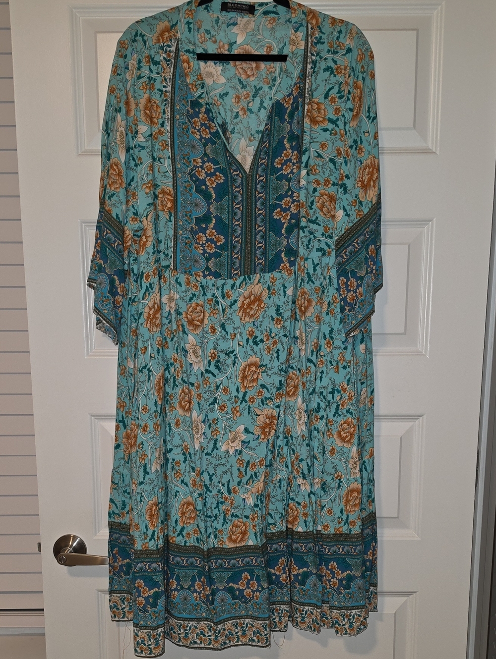 Boho Floral V-Neck Maxi Dress in Aqua and Neutrals